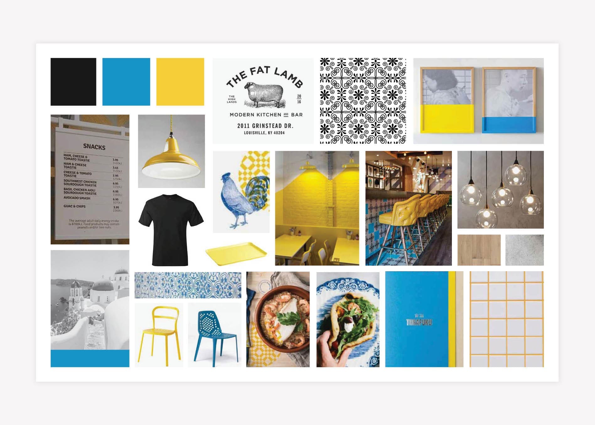 Restaurant branding moodboard featuring interior design, menus, signage, colors, and hospitality branding elements