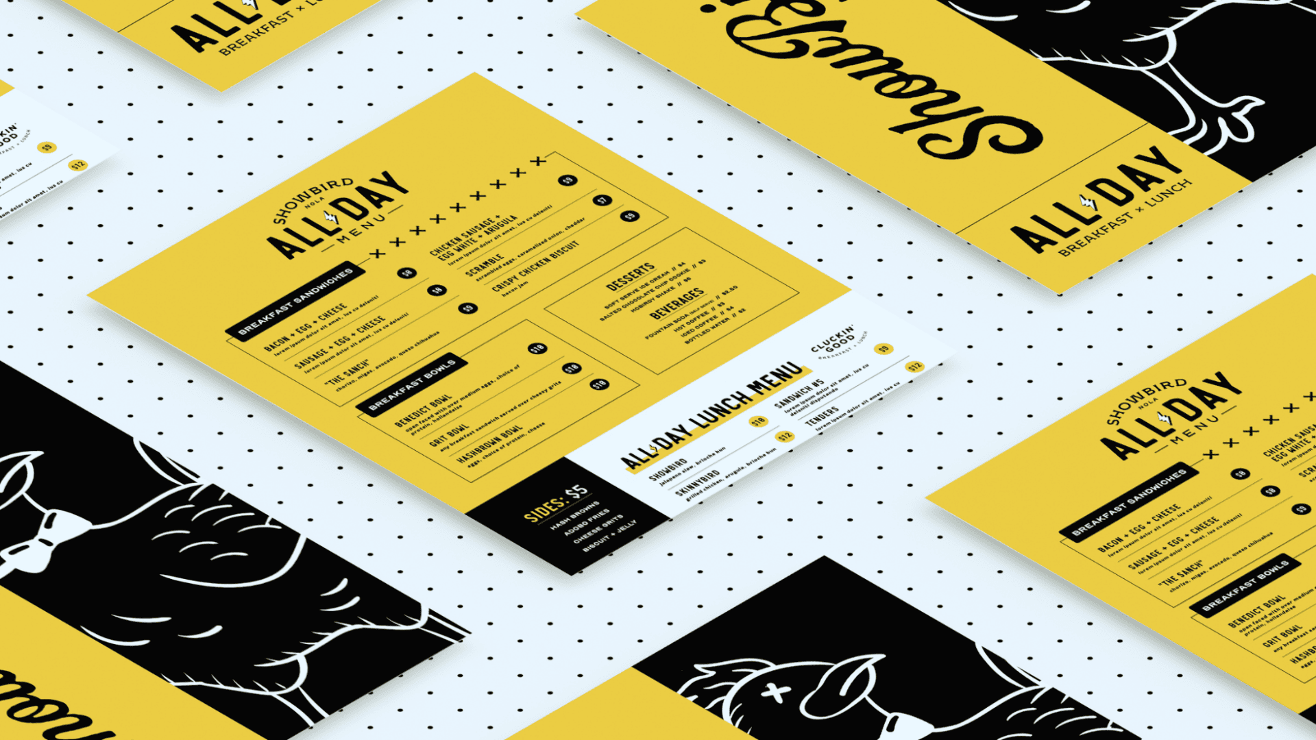 ShowBird restaurant menu displayed in a consistent branded layout